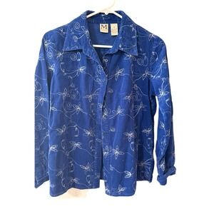 Mirage Vintage Blue Corduroy Embroidered Floral Button Down Cottage M Cotton